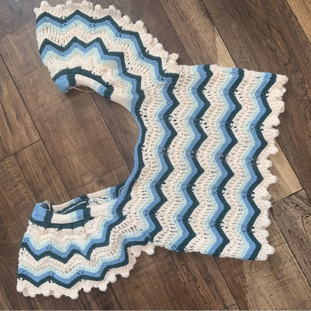 Zara Crochet Top S $78 boho blue cream printed fall boho casual  cowgirl crop